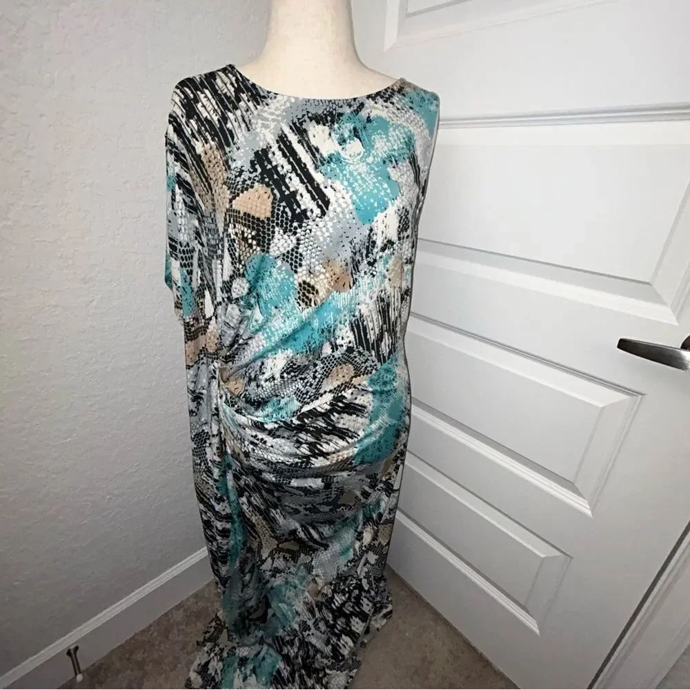 Nick Verreos Snake Skin Print One Dolman Sleeve Ruched Side Maxi Dress